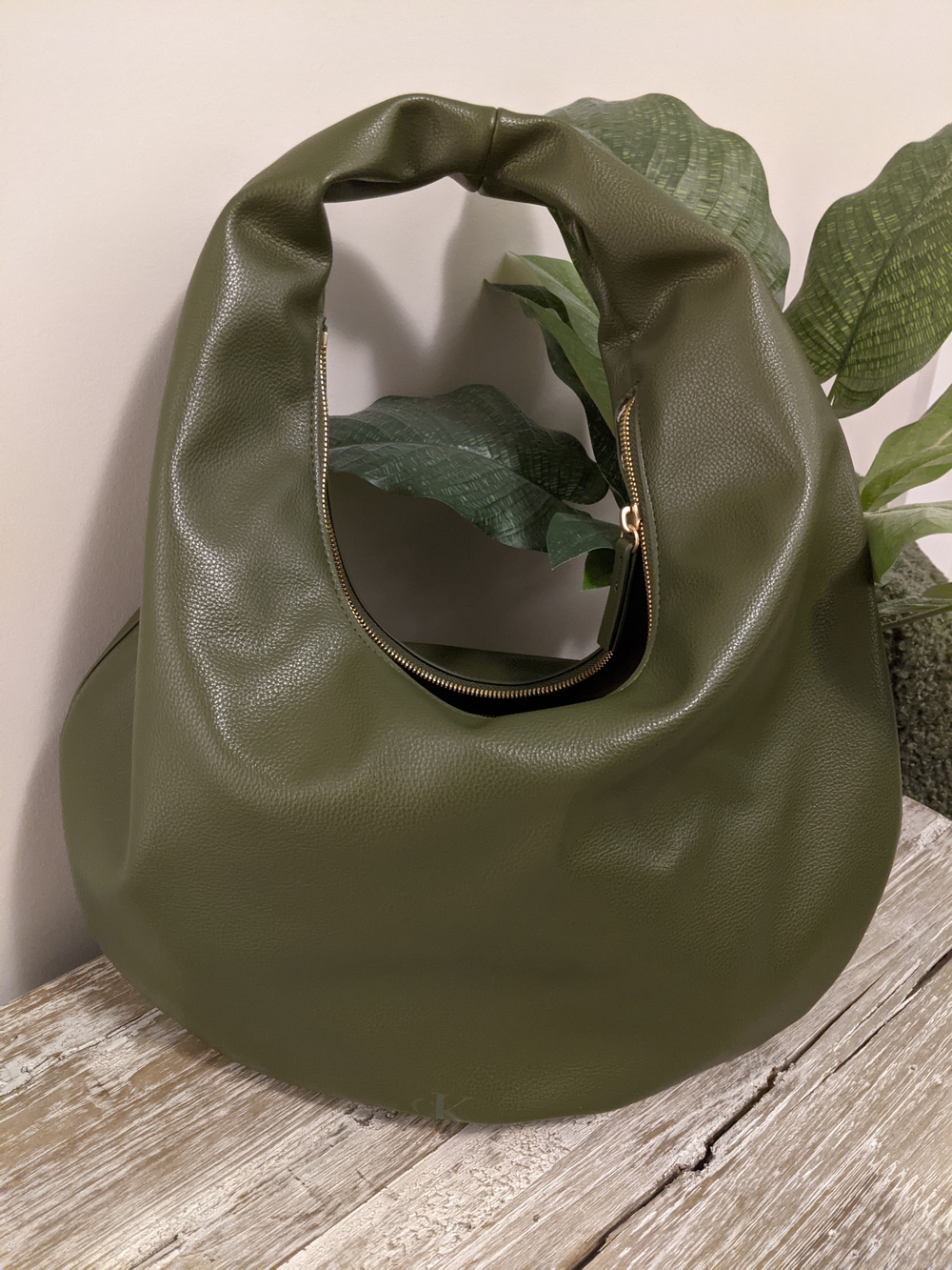 CALVIN KLEIN Cypress Green Pebbled Crescent Handbag